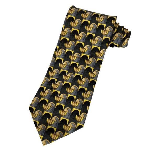Ermenegildo Zegna Mens Silk Necktie Navy Gold Tulip Pattern Made In Italy - Picture 1 of 5